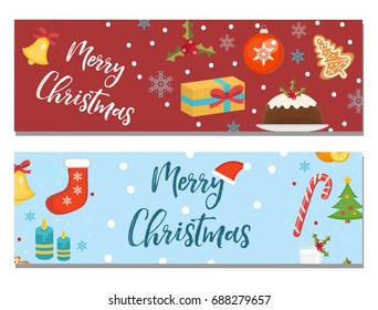 Merry Christmas set of banners, template with space for text for your design. Winter holiday collection long board, poster, flyer. Flat style. Vector illustration