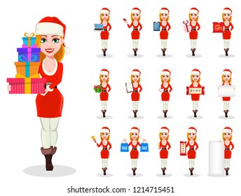 Merry Christmas. Set of beautiful woman in Santa Claus costume, cartoon character. Usable for greeting card, poster, flyer. Lettering translates as Happy New Year. Vector illustration