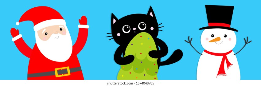 Merry Christmas set. Black cat holding fir tree. Santa Claus. Snowman. Funny Kawaii animal. Kids print Cute cartoon baby character Pet collection. Flat design Blue green background Vector illustration