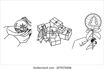 Merry Christmas set black and white vector icon