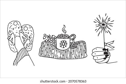 Merry Christmas set black and white vector icon