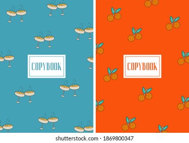 Merry Christmas. Set of bright vector flat covers for copybook with tangerines and glasses of champagne. Covers in two colors for winter holidays. Winter Christmas copybooks with funny elements. 