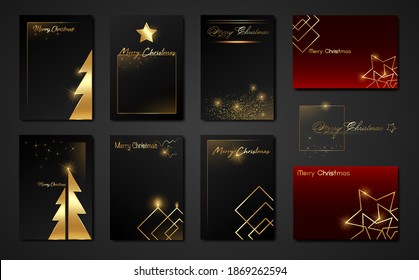 Merry Christmas set cards, black and red templates with gold holiday tree and golden xmas elements, stars, glittering luxury frames ideal for greeting card, poster or web design, vector isolated 