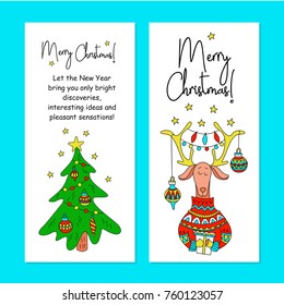 Merry Christmas! A set of Christmas cards. Vector illustration. Cute deer with gifts. Deer antler decorated with Christmas decorations and colorful light bulbs. Christmas tree hand drawn.