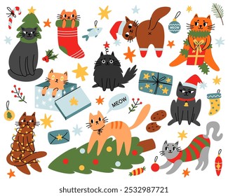 Merry Christmas. Set of cats celebrating winter holiday. Cute cats wearing costumes, climbing Christmas tree and being naughty in flat cartoon style. Elements are isolated.