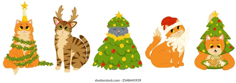 Merry Christmas set of cats celebrating New Year holidays. Vector cartoon illustrations of cute pets wearing costumes. Isolated prints for stickers and decor