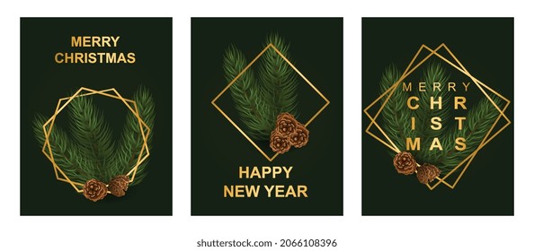 Merry Christmas set. Collection of dark stylish covers for holiday. Wallpaper for new year. Greeting and invitation cards, celebration. Cartoon flat vector illustrations isolated on white background