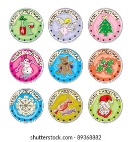 merry christmas set of colored clip art stamp coins, stickers isolated on white