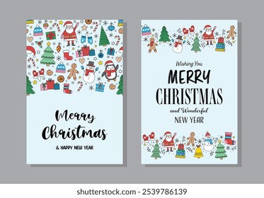 Merry Christmas set. Colourful greeting card with cartoon ornaments. Vector illustration