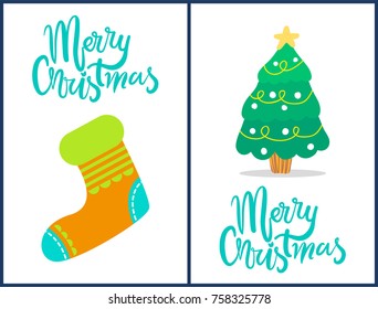Merry Christmas, set of compositions consisting of images of colorful sock and symbolic tree and decorated headlines isolated on vector illustration