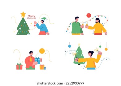 Merry Christmas set concept with people scene in the flat cartoon style. Young people celebrate Christmas, give a presents, decorate Christmas tree and drink champagne. Vector illustration.