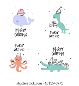 Merry christmas. Set of cute animals. Hand drawn illustrations for greeting card, print, posters design.