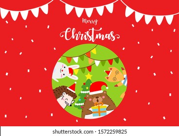 Merry Christmas. Set of cute christmas cartoon animals wearing christmas hats, Bear,Rabbit,Wolf and Hedgehog.Is cute and bright.