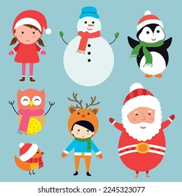 Merry Christmas! Set of cute cartoon Christmas characters.