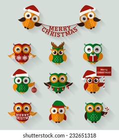 Merry Christmas! Set of cute flat owls for holiday design. Vector icons with long shadow.