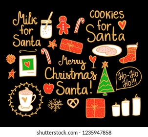 Merry Christmas Set cute mini decor. Cookies and Milk for Santa. Vector gold line and red green hand drawing holiday elements isolated on black background. 