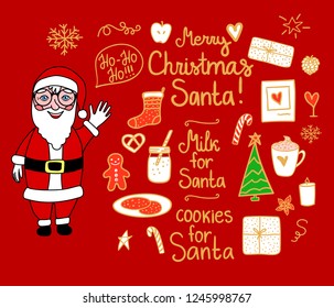 Merry Christmas Set cute mini decor. Cookies and Milk for Santa Claus. Vector gold line and red green hand drawing holiday elements isolated on black background. 