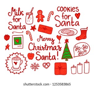 Merry Christmas Set cute mini decor. Vector red and green hand drawing holiday elements isolated on white background. Cookies and Milk for Santa.
