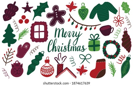 Merry christmas set decoration spruce branch, twig, berries, flower, star isolated on white background. Red and green leaves hand drawn cartoon composition. Happy new year celebration. Use to banner