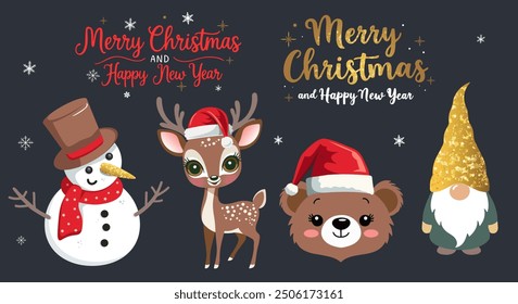 Merry Christmas set with deer, lettering, snowman, bear. Winter characters set. For banner, card, package.