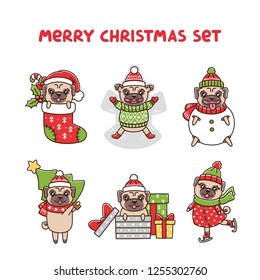 Merry Christmas Set Dogs Breed Pug. Dog Snowman, Skate, Make A Snow Angel, Carries A Christmas Tree, Dog With Gifts, Pug In A Christmas Sock To Decorate The Fireplace.