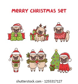 Merry christmas set dogs breed pug. Dog with mug, with gift, dog deer, couple pugs in love,  pug in a fair isle red sweater and hat, dog in pajamas near the Christmas tree.