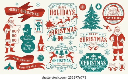 Merry Christmas set elements colorful with holiday trees and reindeer and snowman near Santa Claus with gift list vector illustration