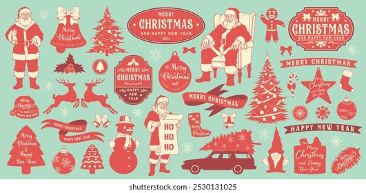 Merry Christmas set emblems colorful with New Year elements for design of holiday products and greeting cards vector illustration