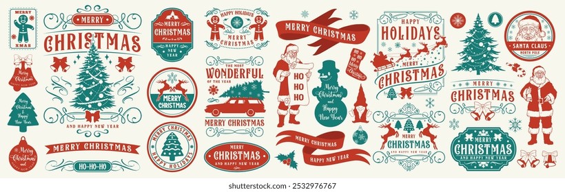 Merry Christmas set emblems colorful with New Year trees or snowmen and Santa Claus helpers from Lapland vector illustration