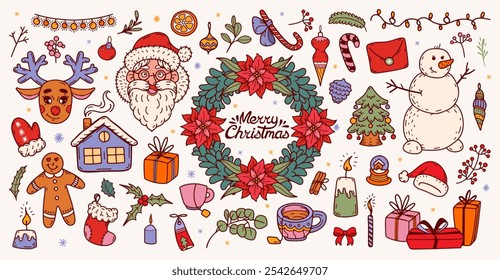 Merry Christmas set. Festive doodle Holiday Illustrations Featuring Santa Snowman, Gifts, Tree, Christmas lights, gingerbread cookies. Hand Drawn new year collection. Winter Vector illustrations.