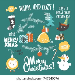 Merry Christmas set - festive text and funny pictures