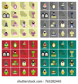 Merry Christmas set of flat icons . Birth of Christ illustration background concept.