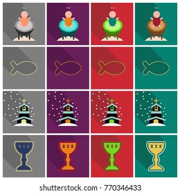Merry Christmas set of flat icons . Birth of Christ illustration background concept.