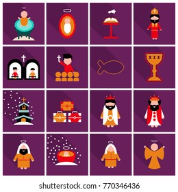 Merry Christmas set of flat icons . Birth of Christ illustration background concept.