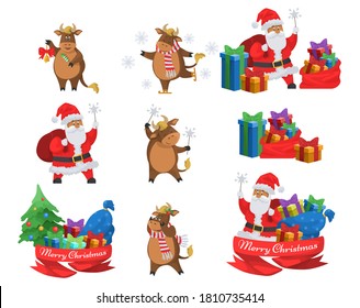Merry Christmas set, flat vector isolated illustration. Happy Santa Claus with gifts, chinese zodiac 2021 sign, cute ox ice skating, ringing the bell, holding sparklers. Happy New Year celebration.