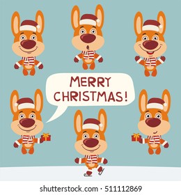 Merry Christmas! Set of funny bunny rabbit in red hat.