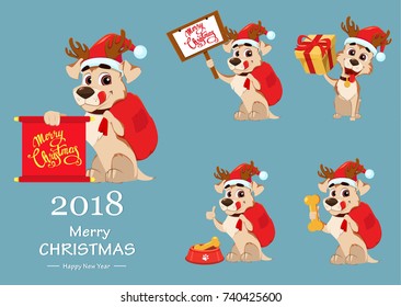 Merry Christmas set. Funny dog wearing Santa Claus hat and deer antlers. Vector illustrations.