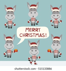 Merry Christmas! Set of funny donkey in red hat. 