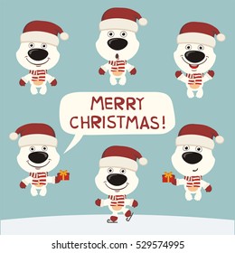 Merry Christmas! Set of funny polar bear in red hat in cartoon style.