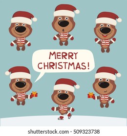 Merry Christmas! Set of funny teddy bear in red hat.