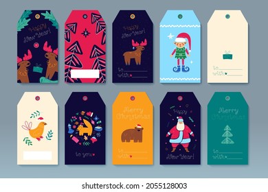 Merry Christmas set of gift tags, template greeting cards, labels. Happy New Year cute cartoon illustration. Vector collection