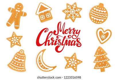 Merry Christmas. Set of Christmas gingerbread cookies. Vector