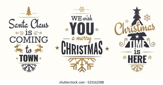 Merry christmas set of gold lettering, with caligraphic letters, text and decoration, collection of christmas vector illustration for postcard, banner and wish card