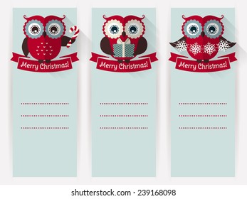 Merry Christmas! Set of greeting banners with cute owls and space for text. Vector illustration.