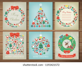 Merry christmas set. Greeting card collections with Christmas elements. Vector illustration