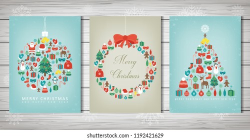 Merry christmas set. Greeting card collections with Christmas elements. Vector illustration