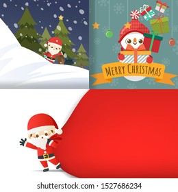Merry Christmas with set of greeting card, Cute cartoon character little Santa Claus, snowman, christmas tree, gift boxs, snow on cards. Vector Illustration.