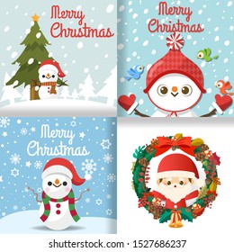Merry Christmas with set of greeting card, Cute cartoon character little Santa Claus, snowman, christmas tree, gift boxs, snow on cards. Vector Illustration.