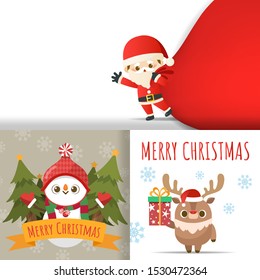 Merry Christmas with set of greeting card, Cute cartoon character little Santa Claus, snowman, christmas tree, gift boxs, snow on cards. Vector Illustration.