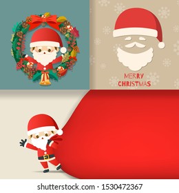Merry Christmas with set of greeting card, Cute cartoon character little Santa Claus, snowman, christmas tree, gift boxs, snow on cards. Vector Illustration.